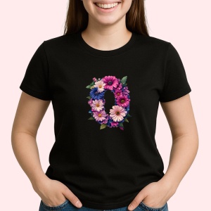 Tricou Alfabet Litera O cu flori, margarete, flori colorate, Negru, Unisex Dama si Barbat | Copii