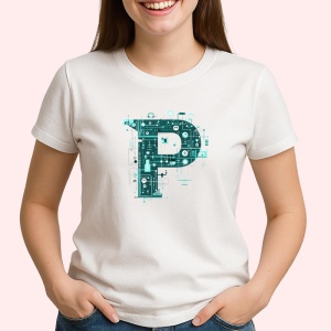 Tricou Alfabet Litera P cu circuite, cyber, tehnologie, Alb, Unisex Dama si Barbat | Copii