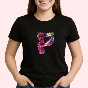 Tricou Alfabet Litera P cu flori, margarete, flori colorate, Negru, Unisex Dama si Barbat | Copii