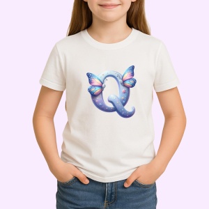 Tricou Alfabet Litera Q cu fluturi colorati, stele aurii, flori colorate, Alb, Unisex Dama si Barbat | Copii - Img 2