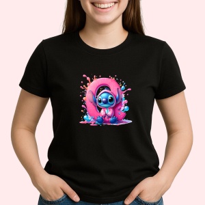Tricou Alfabet Litera Q cu Stitch Roz fericit, explozie de culori, Negru, Unisex Dama si Barbat | Copii