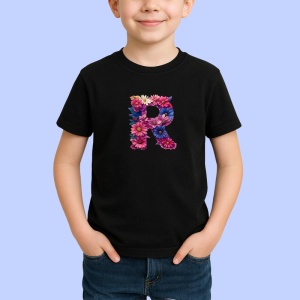Tricou Alfabet Litera R cu flori, margarete, flori colorate, Negru, Unisex Dama si Barbat | Copii - Img 2