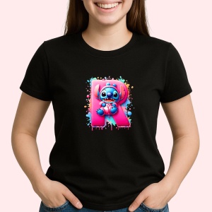 Tricou Alfabet Litera R cu Stitch Roz fericit, explozie de culori, Negru, Unisex Dama si Barbat | Copii