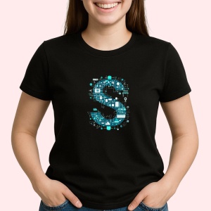 Tricou Alfabet Litera S cu circuite, cyber, tehnologie, Negru, Unisex Dama si Barbat | Copii