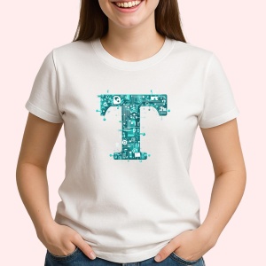 Tricou Alfabet Litera T cu circuite, cyber, tehnologie, Alb, Unisex Dama si Barbat | Copii
