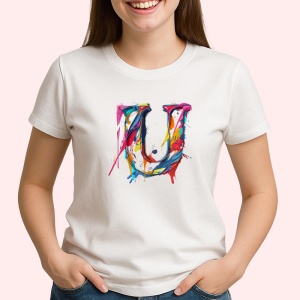 Tricou Alfabet Litera U cu graffiti, design exploziv, arta urbana, Alb, Unisex Dama si Barbat | Copii