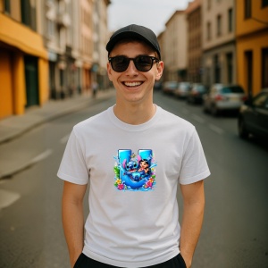 Tricou Alfabet Litera U cu Lilo si Stitch albastru, veselie mare, Alb, Unisex Dama si Barbat | Copii - Img 4