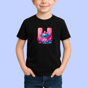 Tricou Alfabet Litera U cu Stitch Roz fericit, explozie de culori, Negru, Unisex Dama si Barbat | Copii - Img 2