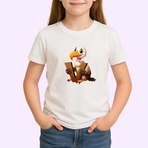 Tricou Alfabet Litera V cu animal Vulture Vultur , Alb, Unisex Dama si Barbat | Copii