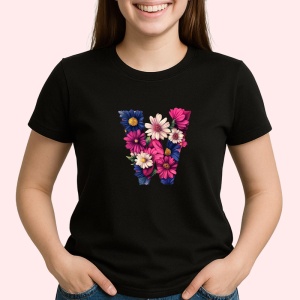 Tricou Alfabet Litera W cu flori, margarete, flori colorate, Negru, Unisex Dama si Barbat | Copii