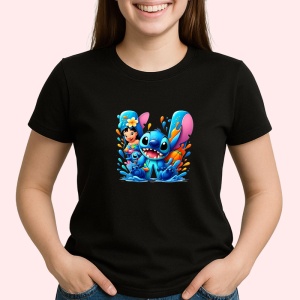 Tricou Alfabet Litera W cu Lilo si Stitch albastru, veselie mare, Mare, Negru, Unisex Dama si Barbat | Copii - Img 2