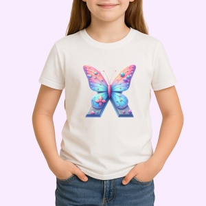 Tricou Alfabet Litera X cu fluturi colorati, stele aurii, flori colorate, Alb, Unisex Dama si Barbat | Copii - Img 2