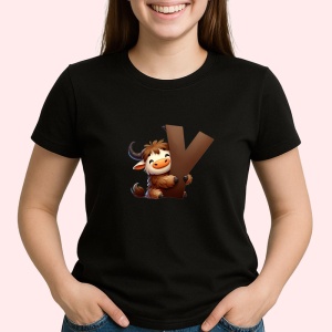 Tricou Alfabet Litera Y cu animal Yak Bivol, Negru, Unisex Dama si Barbat | Copii