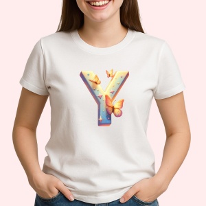Tricou Alfabet Litera Y cu fluturi colorati, stele aurii, flori colorate, Alb, Unisex Dama si Barbat | Copii