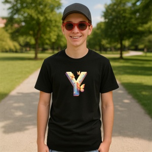 Tricou Alfabet Litera Y cu fluturi colorati, stele aurii, flori colorate, Negru, Unisex Dama si Barbat | Copii - Img 4