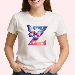 Tricou Alfabet Litera Z cu fluturi colorati, stele aurii, flori colorate, Alb, Unisex Dama si Barbat | Copii