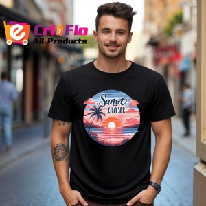 Tricou Apus cu palmieri text sunset chaser atmosfera romantica de vacanta Copii | Dama | Barbat, negru - Img 5