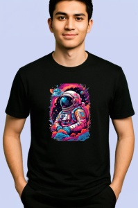 Tricou Astronaut colorat in spatiu cu fum roz albastru Copii | Dama | Barbat, culoare negru - Img 2