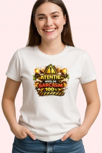 Tricou Atentie Nivel De Sarcasm 100 Suta Avertizare, din bumbac 100% , tricou alb pentru Copii | Dama | Barbat