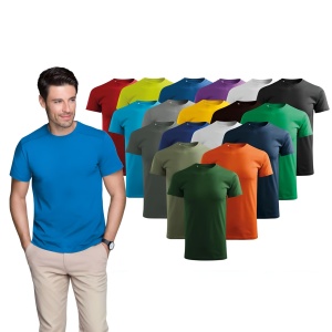 Barbat imbracat in tricou de culoare albastru prezentand culorile disponibile rosu, portocaliu, verde, negru, alb, galben, gri