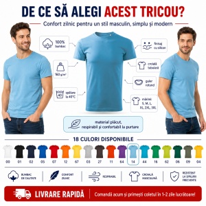 Tricou Bărbat Basic Free, 100% Bumbac, Guler Rotund, Croială Tubulară, S–3XL, 18 Culori - Img 2