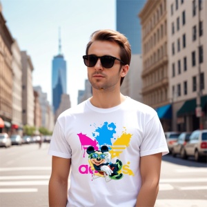 Bărbat tânăr, purtând un tricou alb cu un design colorat ce include un personaj animat pe fundal(Mickey Mouse) de splaturi de culoare roz, albastru și galben, mergând pe o stradă urbană, cu clădiri înalte și un turn modern vizibil în fundal.
