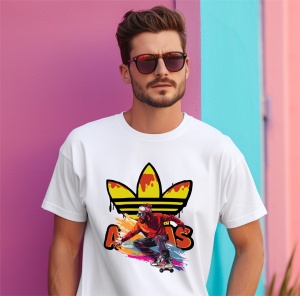 Bărbat purtând ochelari de soare și un tricou alb cu un design vibrant ce include un skater în mișcare și un logo reinterpretat cu accente galben-roșii, pozând lângă un perete în culori roz și albastru.