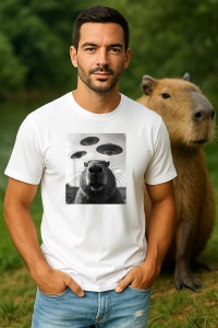 Tricou Barbat CapyBara - selfie cu UFO alb negru