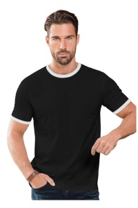 tricou barbat negru cu contrast la guler cu contrast la guler purtat de un barbat tanar si frumos