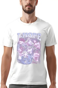 Tricou alb cu design grafic ce include imagini ale unui artist și textul 'J-HOPE' scris deasupra.