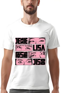Tricou alb cu design grafic roz, ilustrând ochii membrilor trupei și numele JENNIE, LISA, ROSE, JISOO.