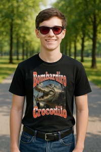 Tricou Barbat Tralalero Tralala cu personajul Bombadiro Crocodilo Funny Italian Brainrot Meme Graphic - Img 2