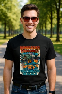 Tricou Barbat Tralalero Tralala cu personajul Bombardiro Crocodilo VS Tralalero Tralala - Italian Brainrot - Img 4