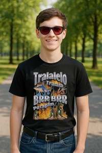 Tricou Barbat Tralalero Tralala cu personajul Tralalelo VS Brr Patapim Funny Italian Brainrot Meme Graphic - Img 4
