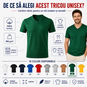 Tricou Bărbat Unisex Malfini 102 cu Guler în V, 100% Bumbac, 160 g/m², Mărimi XS–3XL - Img 2