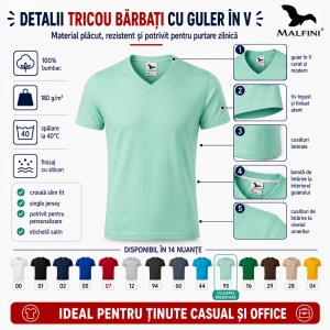 Tricou Bărbați cu Guler în V, 100% Bumbac, Slim Fit, 180 g/m², 14 Culori, Mărimi S–3XL - Img 2
