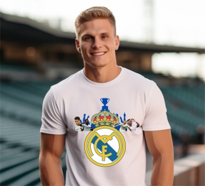 Un bărbat zâmbitor purtând un tricou alb cu design inspirat de Real Madrid, incluzând logo-ul clubului, un trofeu și imagini cu jucători ai echipei, pozând într-un stadion.