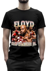 Tricou negru cu un colaj de imagini ale boxerului Floyd Mayweather Jr. în diverse ipostaze din cariera sa, inclusiv purtând centura de campion și mănuși de box roșii. Numele 'Floyd Mayweather Jr.' este scris deasupra și dedesubt în culori aurii, omagiind 