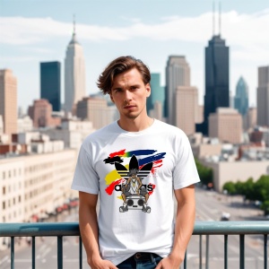 Tânăr purtând un tricou alb cu un design urban ce include un personaj cu un boombox și un fundal colorat abstract, pozând pe o terasă cu un peisaj urban și zgârie-nori în fundal.