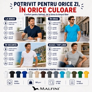 Tricou Bărbați Malfini 146 cu Guler în V, Premium, 100% Bumbac, Slim Fit, 180 g/m², S 3XL, 14 Culori - Img 10