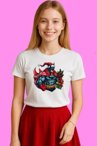 Tricou Batman Christmas Musculos Cu Esarfa Rosie, din bumbac 100%, tricou alb, Copii | Dama | Barbat - Img 3