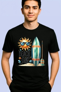 Tricou Beach life cu soare ochelari surfboard si padel stil surfing Copii | Dama | Barbat, negru - Img 2