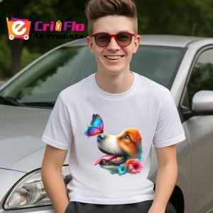 Tricou Beagle cu fluture turcoaz si floare roz design artistic Copii | Dama | Barbat Barbat - Img 5