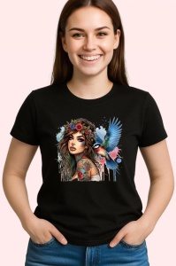 Tricou Bird on shoulder tattooed woman, femeie tatuata cu pasare pe umar, Copii | Dama | Barbat , tricou negru