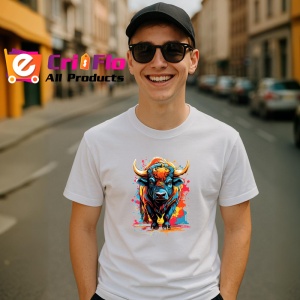 Tricou Bivol in stil pop art cu fundal alb si stropi de culoare Copii | Dama | Barbat - Img 6
