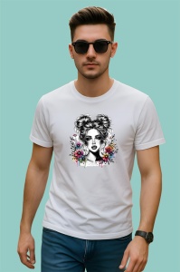 Tricou black white floral portrait sketch, portret floral alb negru in stil schita, Copii | Dama | Barbat - Img 2