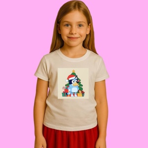 Tricou Bluey Langa Brad Craciun Cadouri, din bumbac 100%, tricou alb, Copii | Dama | Barbat - Img 2
