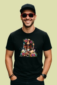 Tricou Boho girl flowers sitting pose, fata boho cu flori asezata relaxata, Copii | Dama | Barbat , tricou negru - Img 4
