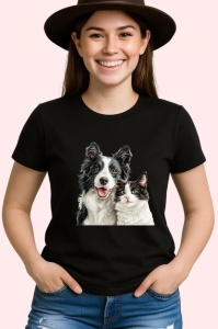 Tricou Border Collie si pisica alb negru dragoste si armonie Copii | Dama | Barbat, negru - Img 3