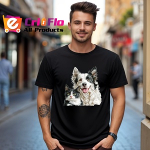 Tricou Border Collie si pisica alb negru prietenie autentica Copii | Dama | Barbat, negru - Img 5